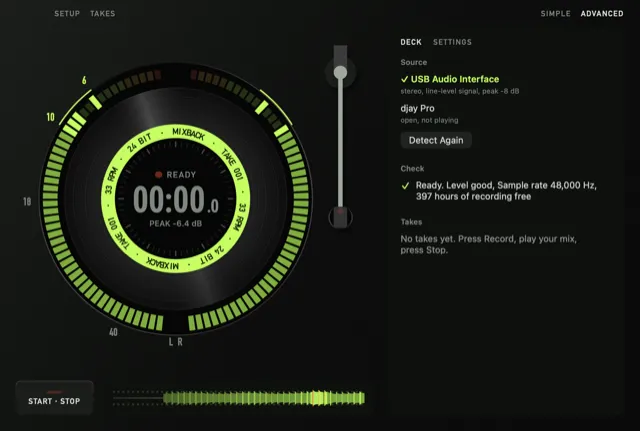 Mixback in Advanced mode: the record key and meter, with the input, level check and settings beside them.