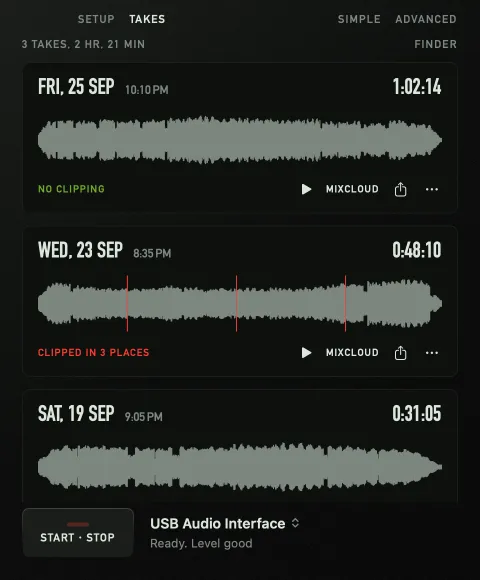The Mixback Takes page: three sets drawn as waveforms, one with red marks where it clipped.